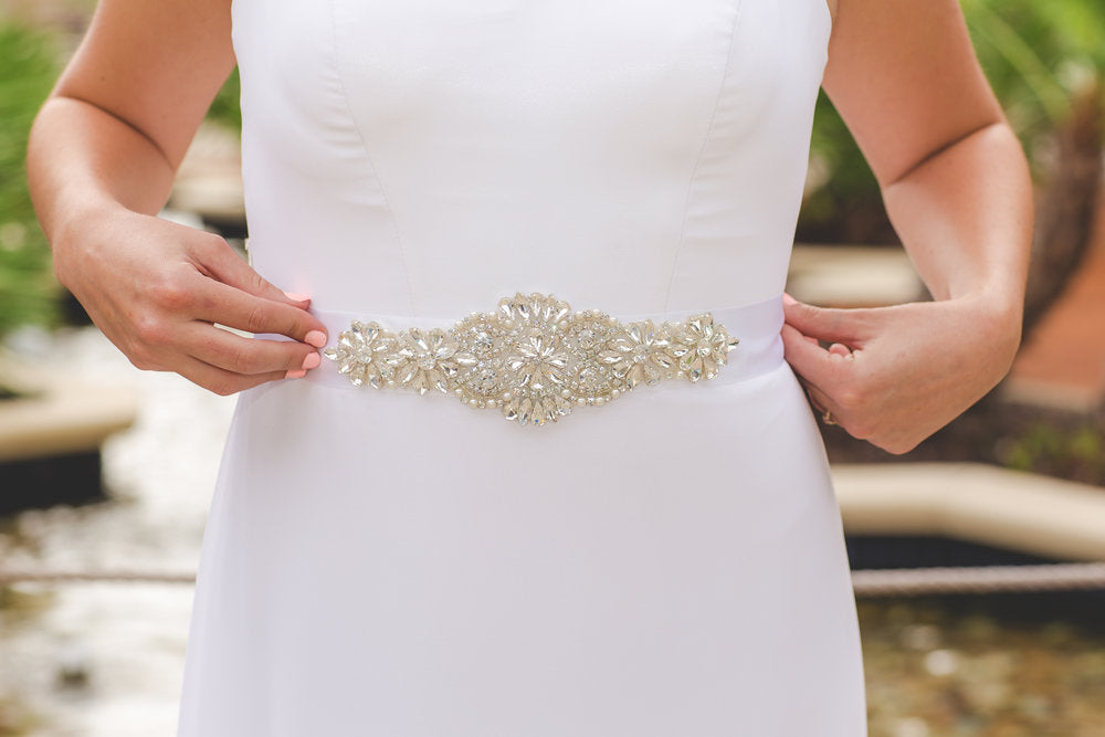 Rhinestone and Pearl Wedding Dress Satin Ribbon Sash Belt